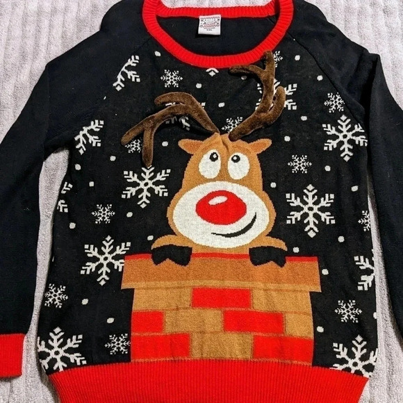 Reindeer Christmas Sweater Pullover Novelty Ugly Holiday Party XXL Black Red - Picture 1 of 5